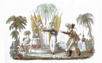Ilustración de Simón Bolívar y de soldados alusivos a la independencia. 