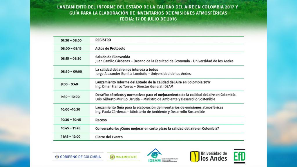 Agenda del evento de lanzamiento del Informe del estado de la calidad del aire en Colombia.