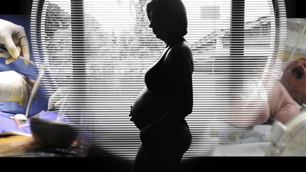 Montaje en el que se ve la silueta de una mujer embarazada, un bebé recién nacido y un procedimiento médico.