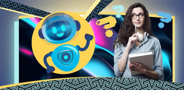 Ilustración de un robot azul junto a la foto de una mujer de gafas pensando