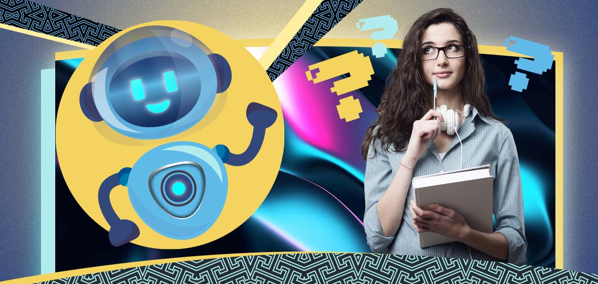 Ilustración de un robot azul junto a la foto de una mujer de gafas pensando