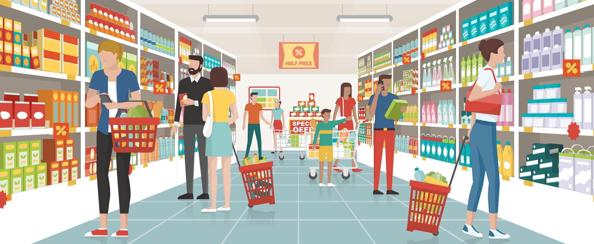 Ilustración de personas en un supermercado