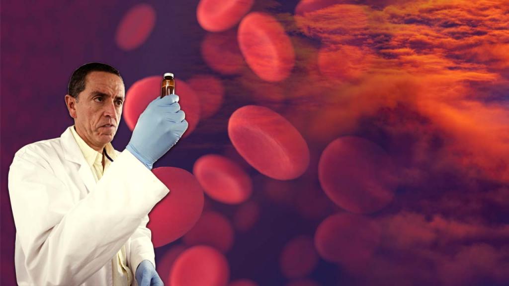 Un investigador observa un frasco. Al fondo se ve un montaje de glóbulos rojos y un atardecer.