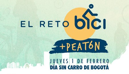 Gráfica de un humano en bicicleta anunciando el día sin carro, en Bogotá. Fondo verde, gráficas azules y se lee 