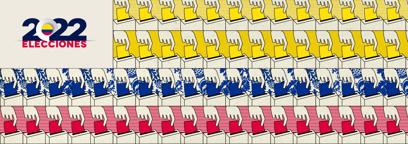 Ilustración de varias manos votando en urnas y de fondo la bandera de Colombia.