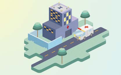 Ilustración de un edificio y una ambulancia que anda sobre una vía. 