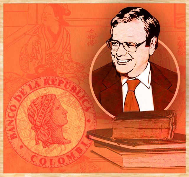 Ilustración del economista Miguel Urrutia acompañada de ilustraciones de libros y del sello del Banco de la República.