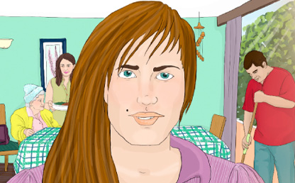 Ilustración de una mujer blanca, con pelo castaño.