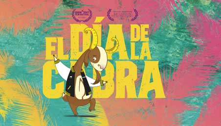 La mascota de Uniandes, Séneca, con el póster de la película El día de la cabra.
