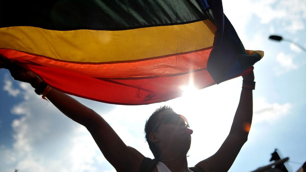 Hombres y mujeres sostienen bandera multicolor, de la comunidad LGBT.