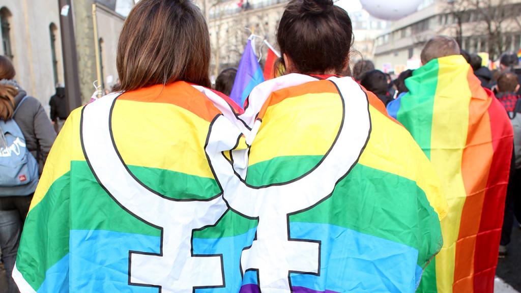 Hombres y mujeres sostienen bandera multicolor, de la comunidad LGBT.