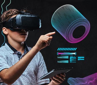 Foto de niño con gafas de realidad virtual señalando una figura de 3d 