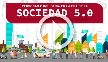 Ilustración edificios y ciudadanos con el título: ‘Personas e industria en la era de la Sociedad 5.0’