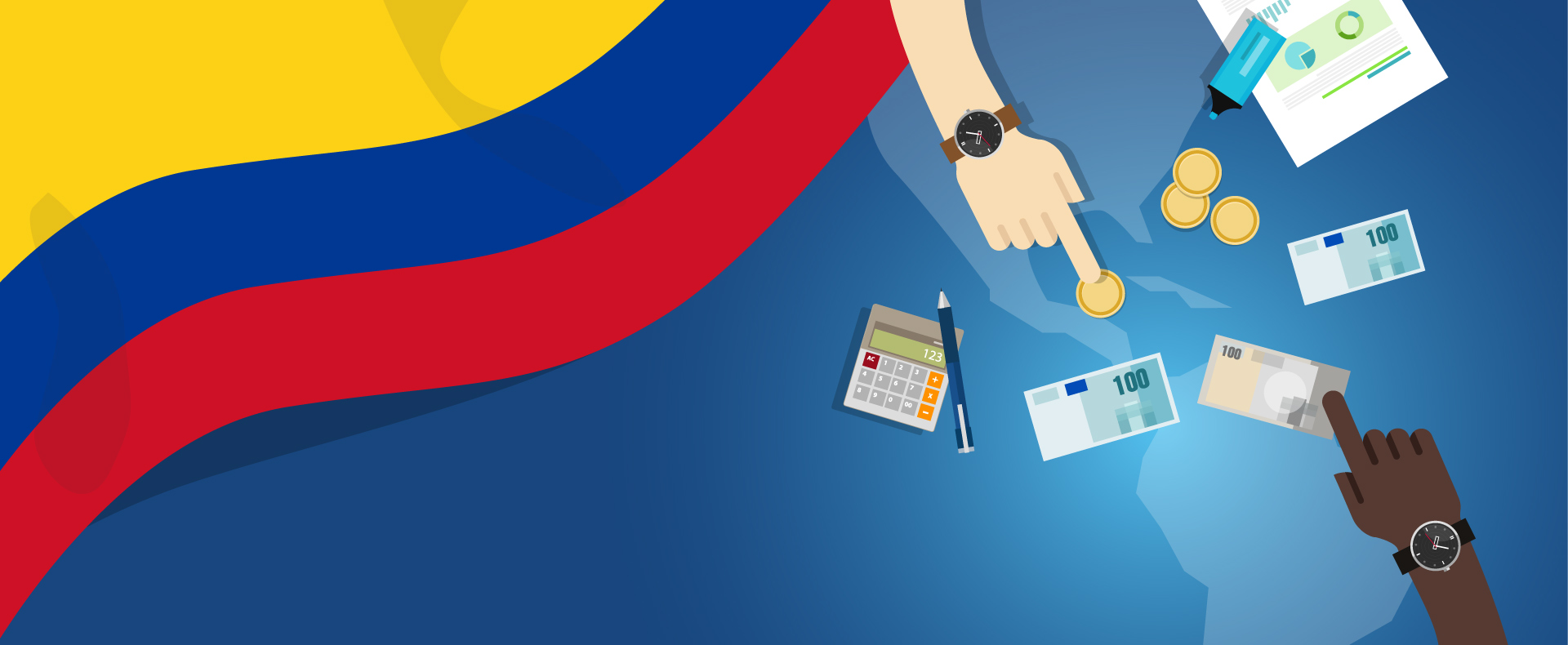Manos con dinero y la bandera de Colombia