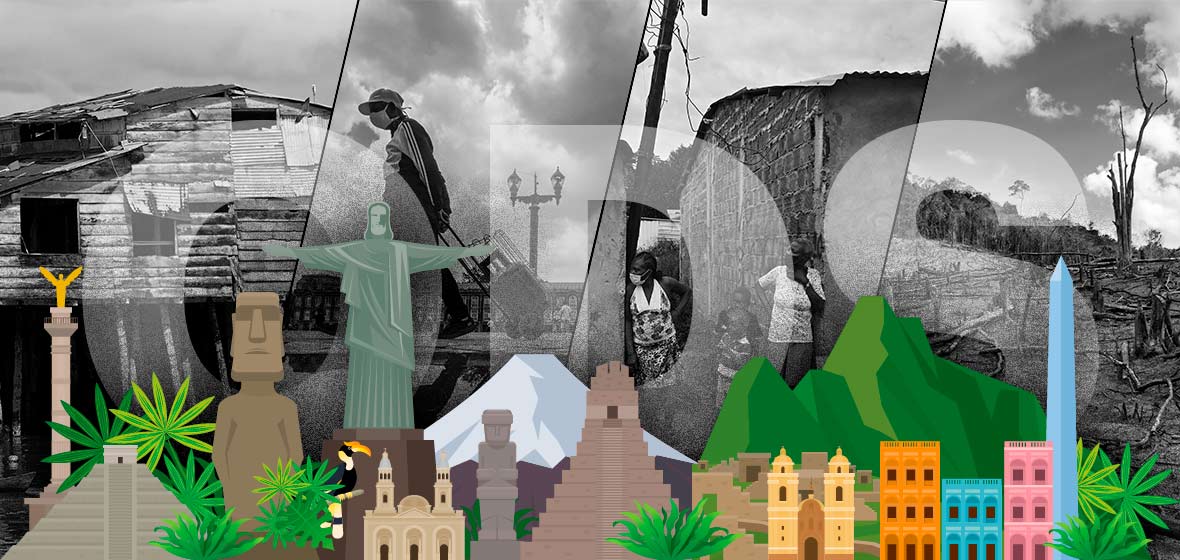 Collage de monumentos en latinoamérica y de fondo, imágenes de pobreza.