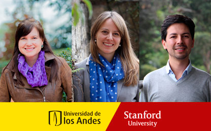Two women and a man with emblems of Universidad de los Andes and Stanford University.