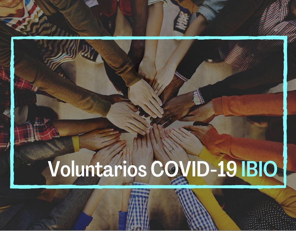 Imagen para la campaña de IBIO COVID19. En el fondo unas manos entrelazadas y el nombre de la campaña. Eduardo Behrentz